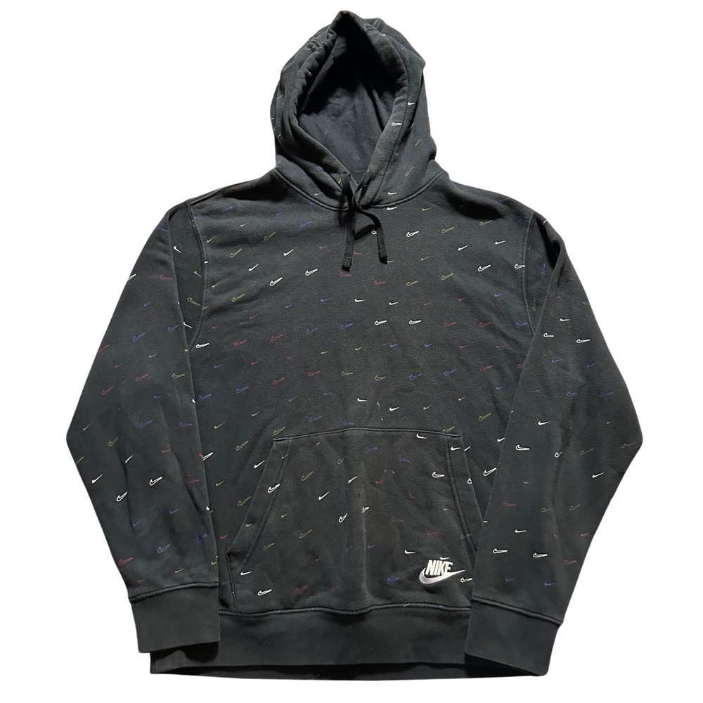 Nike Hoodie Mens Large Black All Over Print Mini Swoosh Pullover Sweatshirt